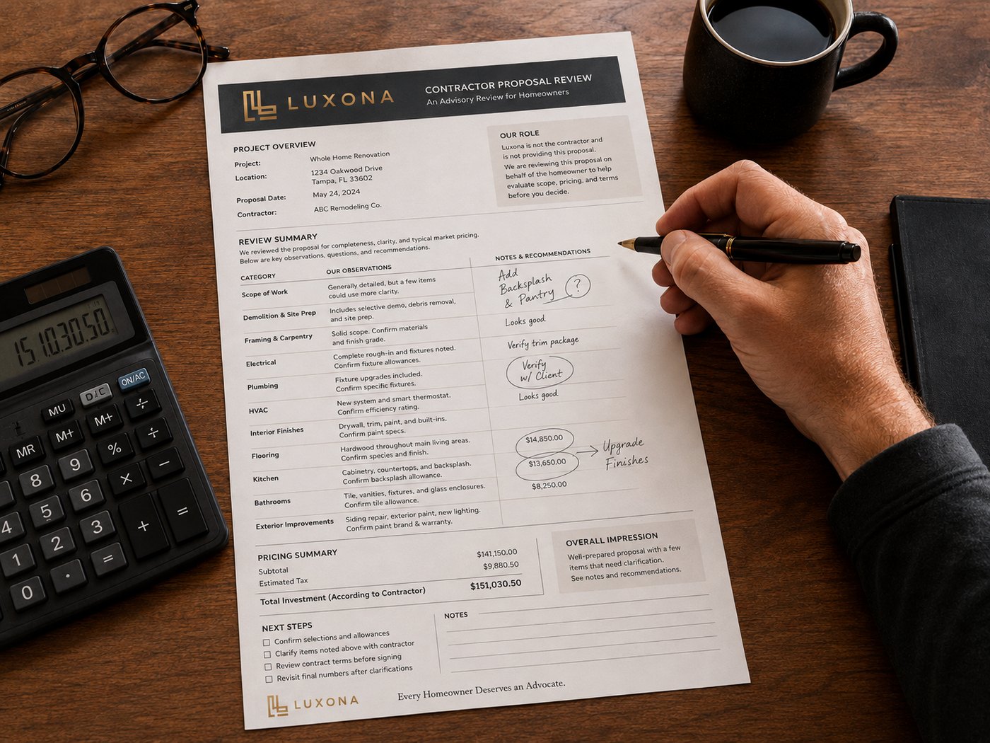 A Luxona contractor proposal review marked up by hand, with observations and recommendations noted beside each line of the contractor's scope